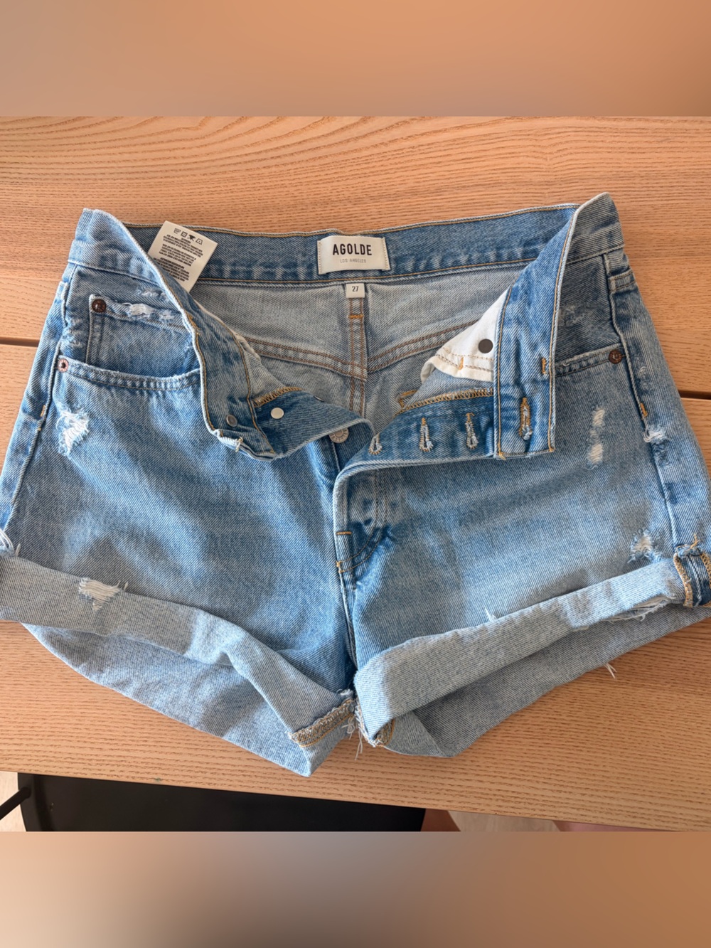 Agolde Light Blue Distressed High-Rise Denim Shorts